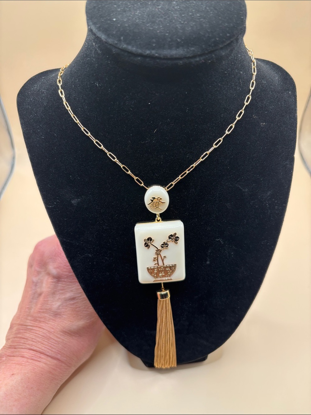 Piper K Cream Tile Gold Tone Floral Tassel Asian Pendant 26” Necklace